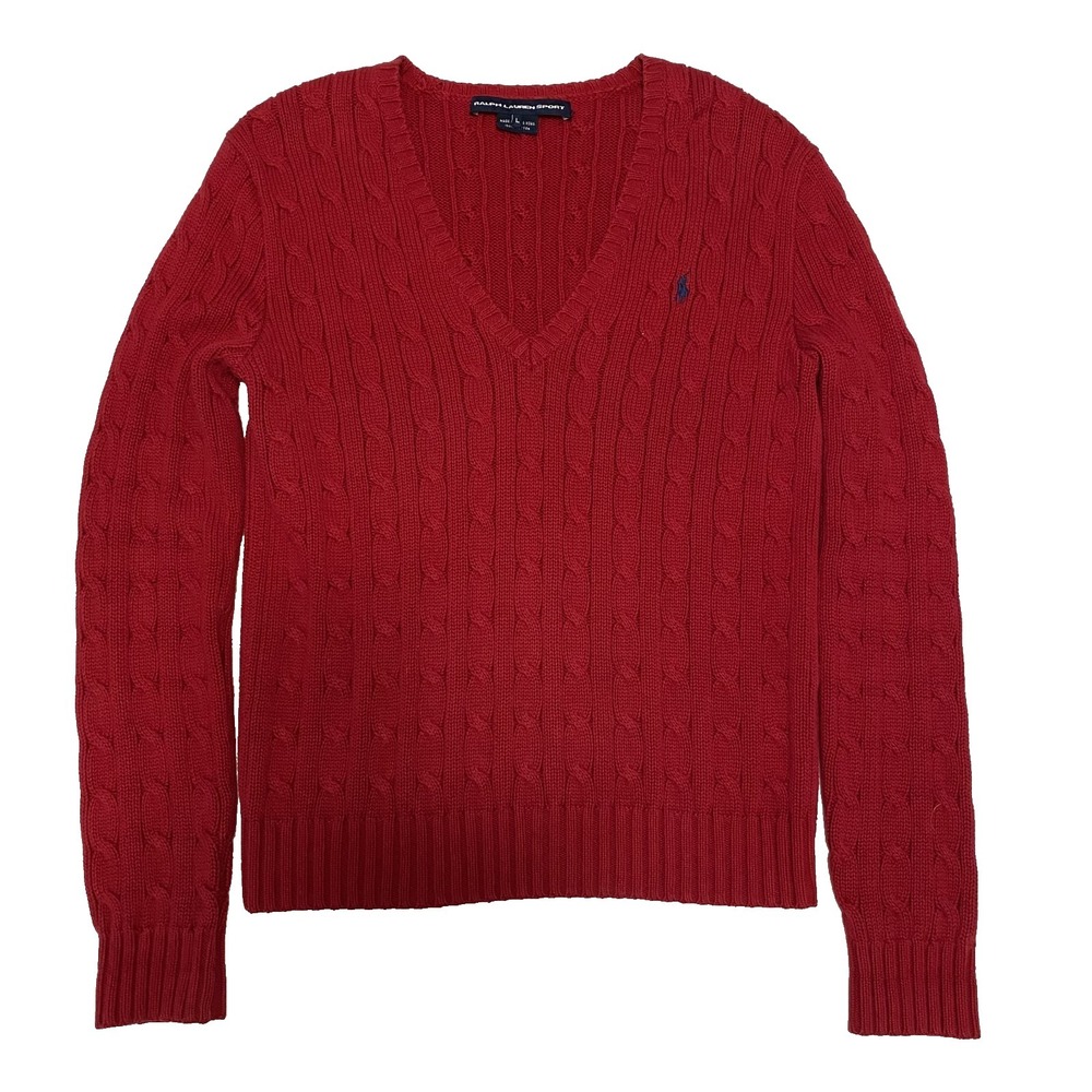 Vtg Ralph Lauren Sport Womens Cableknit V Neck Sweater L Tennis Preppy Old Money